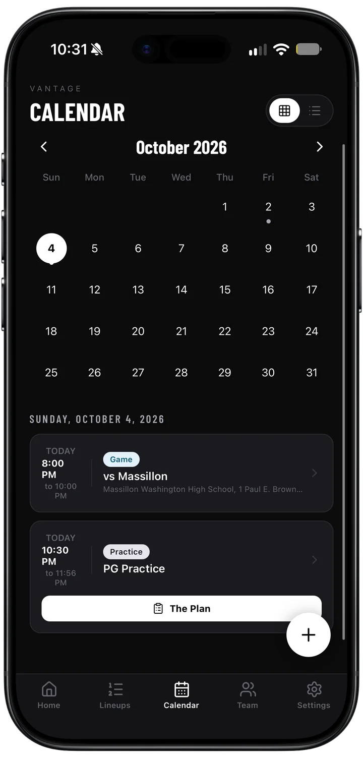 Team calendar with a game and practice in Vantage Ai Baseball