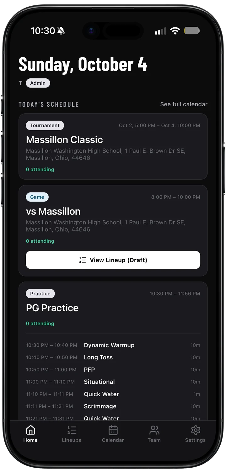 Today's schedule with a game lineup and practice plan in Vantage Ai Baseball