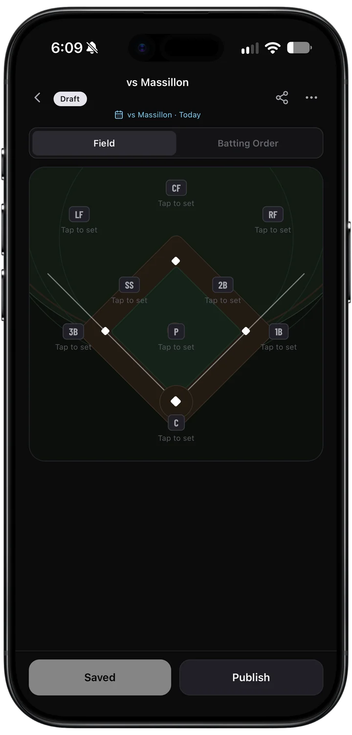Defensive lineup on a baseball field in Vantage Ai Baseball