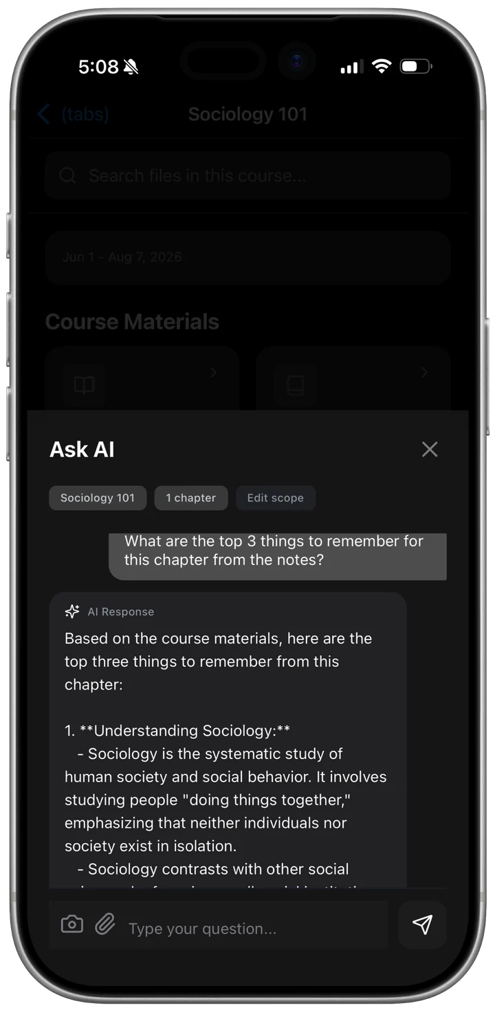 AI answer based on course notes in ivi AI
