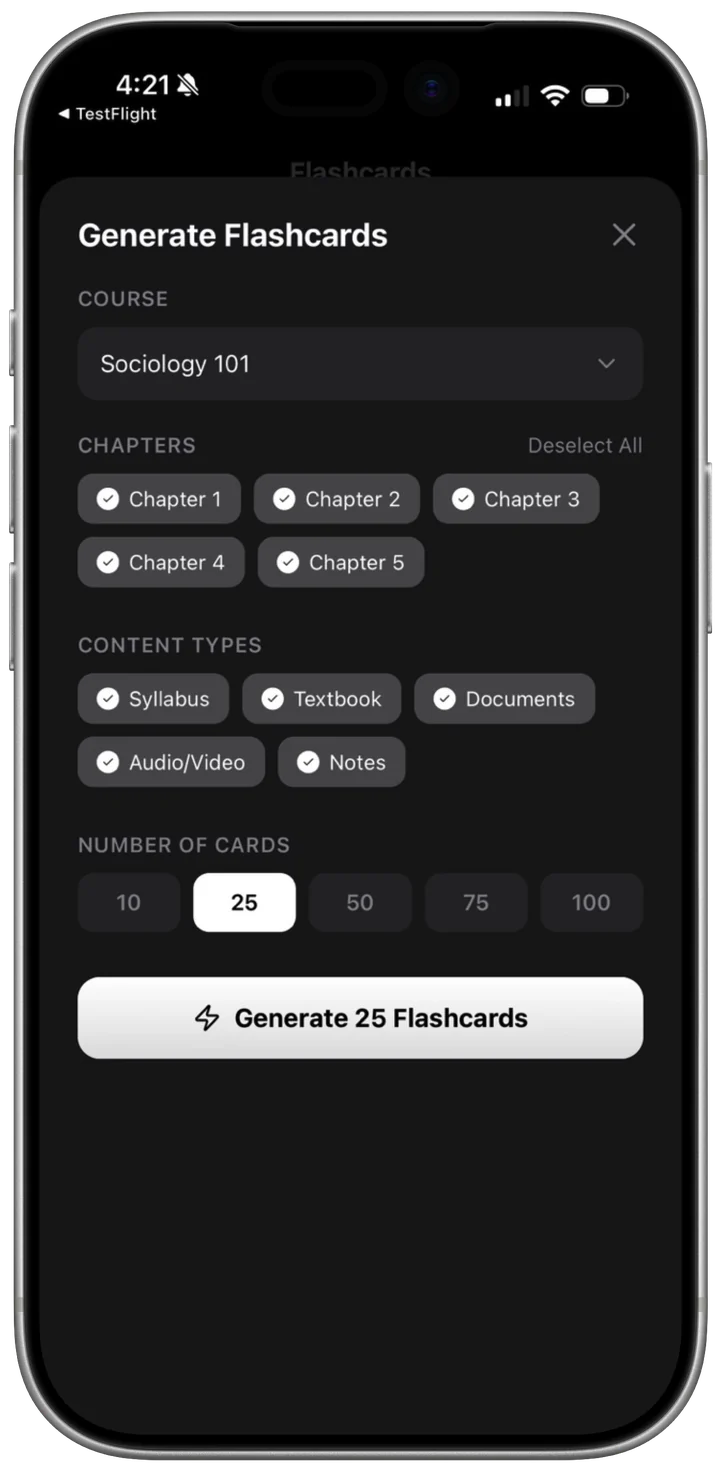 Generating flashcards from course materials in ivi AI